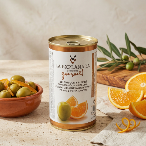 Oliwki La Explanada nadziewane Pomarańczą 350g (puszka)